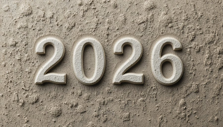 A textured surface displays the year two thousand twenty six in a carved, stone style.の素材