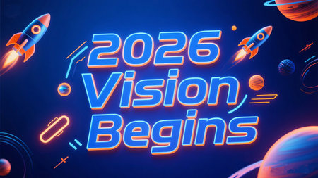 rockets and planets with the words vision begins in the year two thousand twenty sixの素材