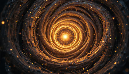a captivating golden spiral tunnel with a radiant light source at its core design artの素材