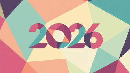 a geometric background displays the year 2026 in a modern and colorful design styleの素材