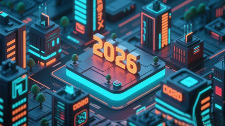 a futuristic cityscape with glowing buildings and the year twenty twenty six in the centerの素材