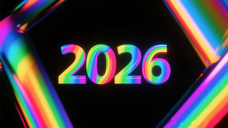 a vibrant rainbow year of two thousand twenty six with geometric rainbow borders on blackの素材