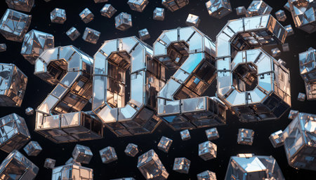 a futuristic metallic cubes forming the year two thousand twenty six in dark space renderの素材
