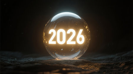 a glowing orb displays the year two thousand twenty six on a dark textured surfaceの素材