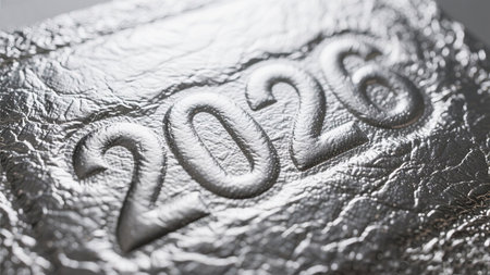 close up of the year two thousand and twenty six embossed on a silver textured surfaceの素材