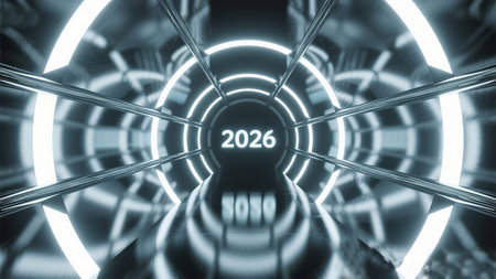 a futuristic tunnel with glowing rings and the year two thousand and twenty six displayedの素材