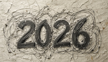 the image shows the year twenty twenty six on a cracked wall with intertwined vines.の素材