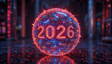 a digital sphere with the year 2026 displayed, showing a complex circuit board patternの素材