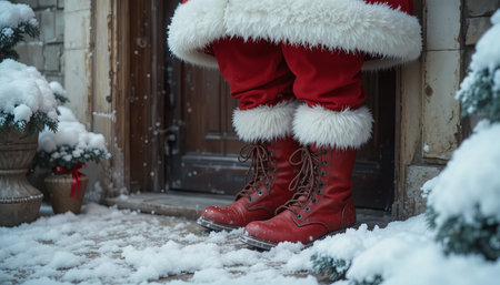 a close up of santa claus standing on a snowy doorstep wearing red boots and a suit coatの素材