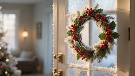 a christmas wreath with red berries adorns a frosted door, blurred interior in backgroundの素材