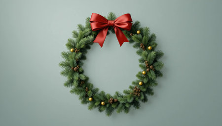 a festive christmas wreath with a red bow and gold ornaments on a light green wall.の素材