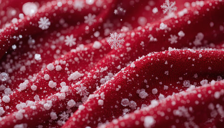 a close up of red velvet with snow and snowflakes creating a festive winter scene.の素材
