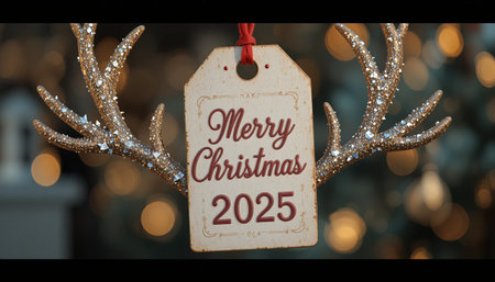 a merry christmas tag for twenty twenty five with glittery reindeer antlers decorationの素材
