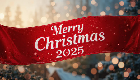 a red banner reads merry christmas two thousand twenty five, over a snowy background sceneの素材