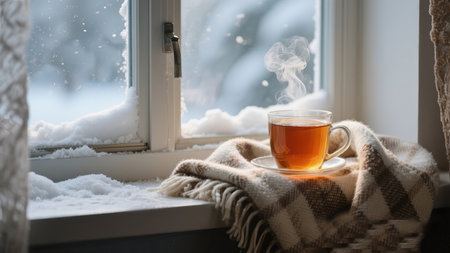 a steaming cup of tea sits on a blanket by a snow covered window on a cold winter dayの素材