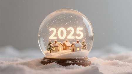 a snow globe shows miniature houses and trees with the year twenty twenty five insideの素材