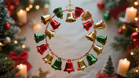 a festive christmas wreath made of red green and gold bells surrounded by decorationsの素材