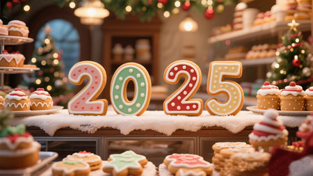a festive bakery display with gingerbread cookies spelling out the year twenty twenty fiveの素材