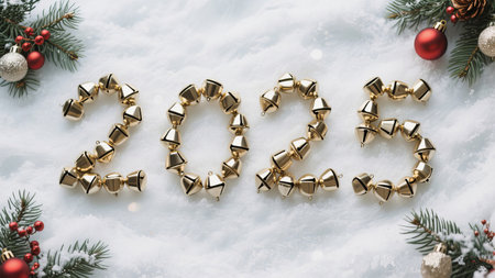 golden bells arranged as a year on snow with christmas ornaments and fir decorationsの素材