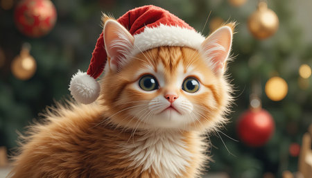 a cute ginger kitten wearing a santa hat in front of a christmas tree with ornamentsの素材