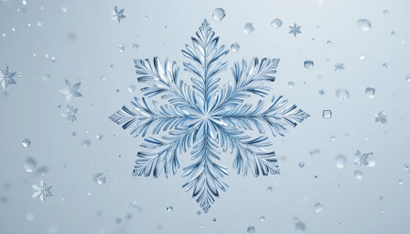 Delicate snowflake design with water droplets, evokes a crisp, clean winter atmosphere. Great for seasonal backgrounds.の素材