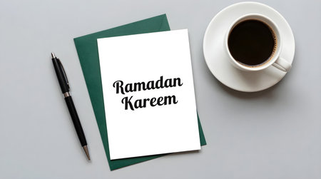 A Ramadan Kareem greeting card with a pen and a cup of coffee on a gray backgroundの素材