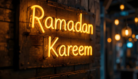A neon sign reading Ramadan Kareem mounted on a wooden wall with warm glowing lights in the backgroundの素材