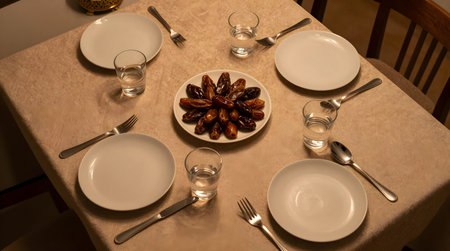 Beautifully set table with a plate of dates for iftar dinnerの素材