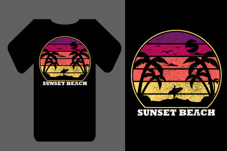 Mockup t shirt silhouette sunset beach retro vintageのイラスト素材