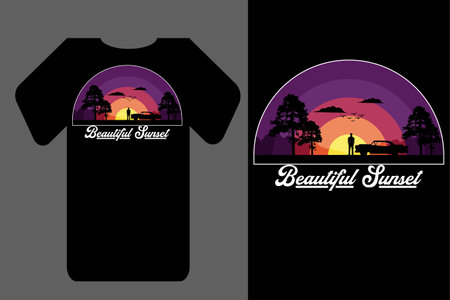 Mockup t shirt silhouette beautiful sunset retro vintageのイラスト素材