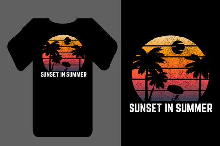 Sunset in summer silhouette t-shirt mockup retro vintageのイラスト素材