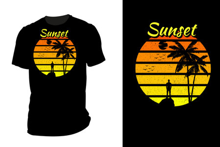 Sunset silhouette t shirt mockup retro vintageのイラスト素材