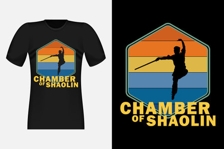 Kungfu Chamber of Shaolin With Silhouette Vintage Retro T-Shirt Designのイラスト素材