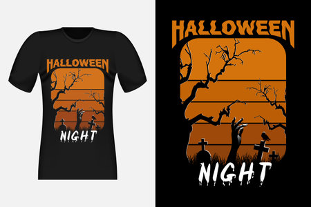 Halloween Night With Crow Vintage Retro T-Shirt Designのイラスト素材