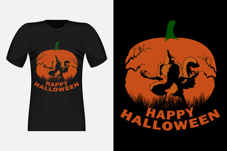 Happy Halloween with Wolf Silhouette Vintage Retro T-Shirt Designのイラスト素材