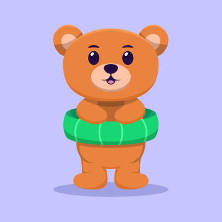 Cute Bear Holding Lifebuoy Cartoon Illustrationのイラスト素材