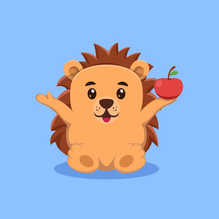 Hedgehog Holding Apple Cartoon Vector Illustrationのイラスト素材
