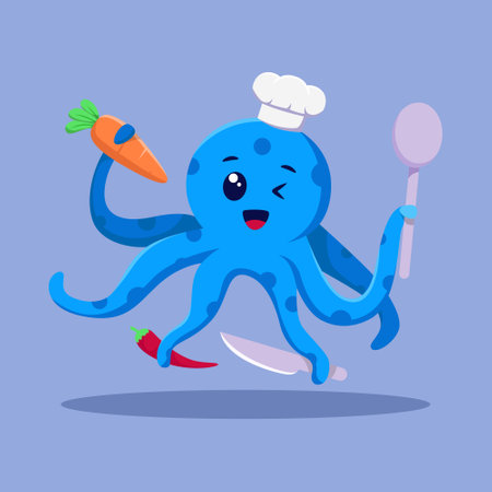 Cute Octopus Chef Cartoon Illustrationのイラスト素材