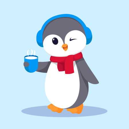 Cute Penguin Holding Coffee Cartoon Illustrationのイラスト素材