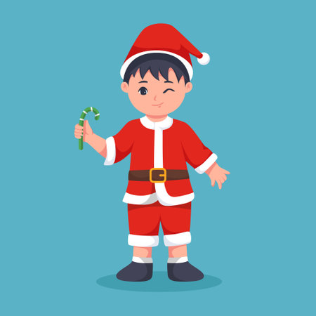 Cute Little Boy with Candy Christmas Character Illustrationのイラスト素材