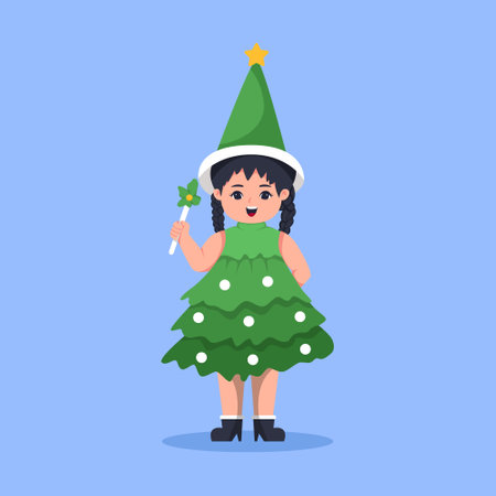 Little Girl Wearing Costume Tree Christmas Character Illustrationのイラスト素材