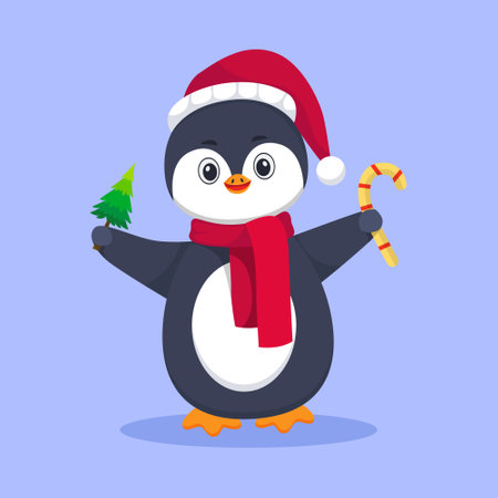 Cute Penguin with Candy and Pine Tree Cartoon Illustrationのイラスト素材
