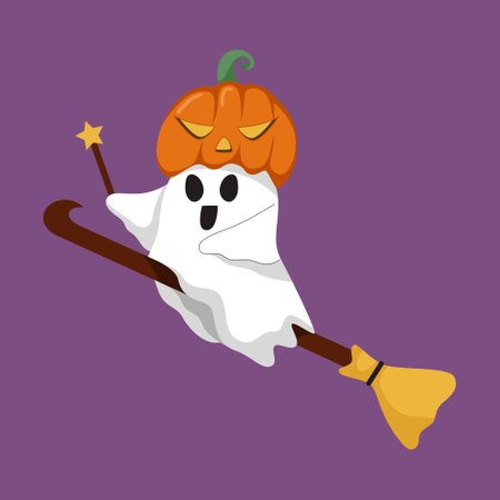 Ghost Halloween Costume with Flying Broom Cartoon Illustrationのイラスト素材