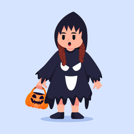 little Boy Holding Pumpkin with Costume Halloween Character Illustrationのイラスト素材