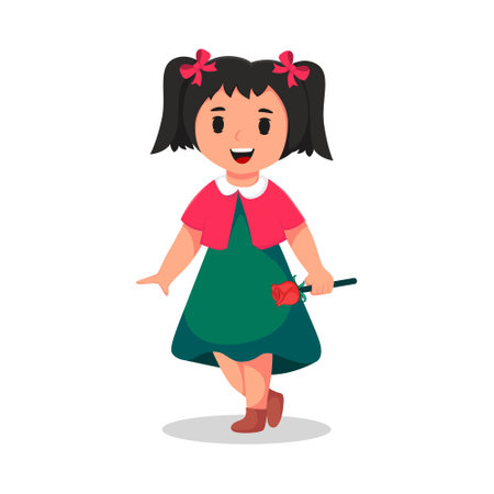 Cute Little Girl Walk with Holding Flowers Cartoon Illustrationのイラスト素材