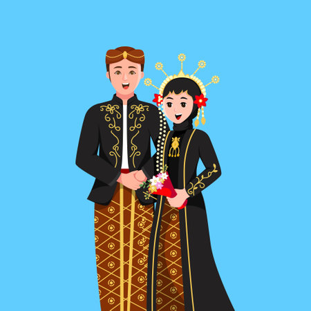 Indonesian Traditional Couple Wedding Character Illustrationのイラスト素材