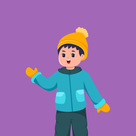 Little Boy Wearing Jacket in Winter Season Character Illustrationのイラスト素材