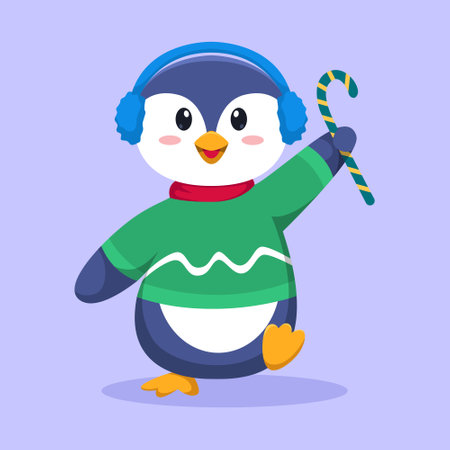 Penguin Wearing Earmuff in Winter Season Cartoon Vector Illustrationのイラスト素材