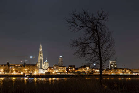 The beautiful skyline of Antwerp, Belgium with the Cathedral of our Lady on the left.のeditorial素材