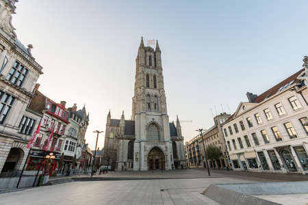 Ghent, Belgium April 9, 2020- The Saint Bavo Cathedral, one of three famous towers in the cityのeditorial素材
